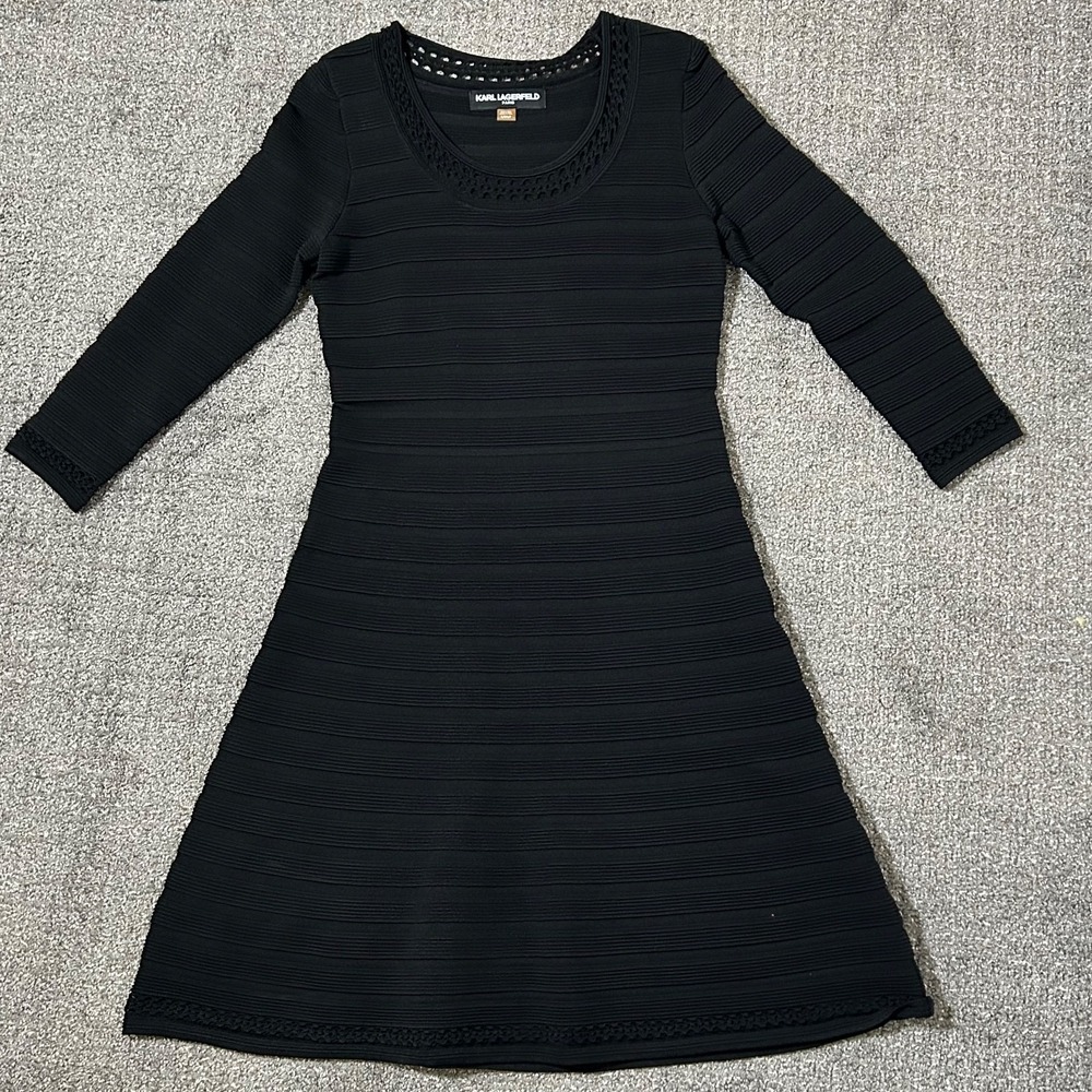Karl Lagerfeld Fit & Flare Ribbed Crochet Trim Dress Classic Black - Size SMALL